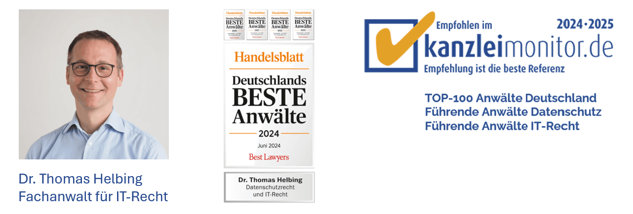 Dr. Thomas Helbing – Fachanwalt für IT-Recht. Empfohlen im Handelsblatt 2020–2025 und bei Kanzleimonitor.